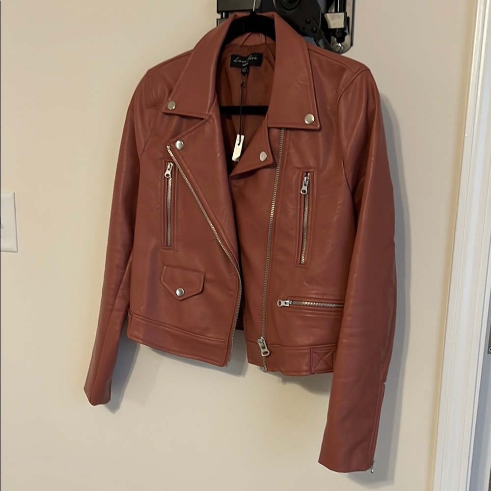 Love Tree Brown Leather Jacket Asymmetrical Zipper Fitted Style